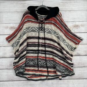 Ecote Striped Hooded Poncho Sweater Womens Small Cream Black Orange Tie Neck